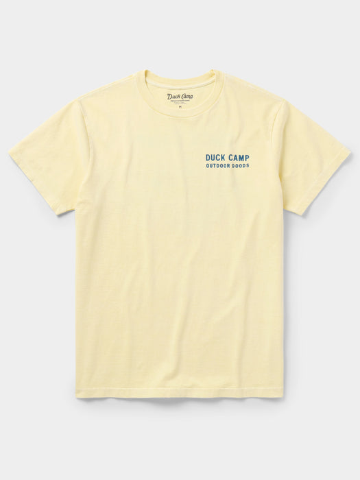 Front view of the Duck Camp Bucket List Tee in Summerland Yellow, a premium cotton crewneck fly fishing shirt.