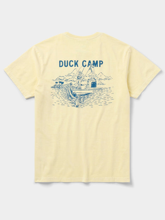 Back graphic detail of the Duck Camp Bucket List Tee showing a retro flats boat and game fish design.