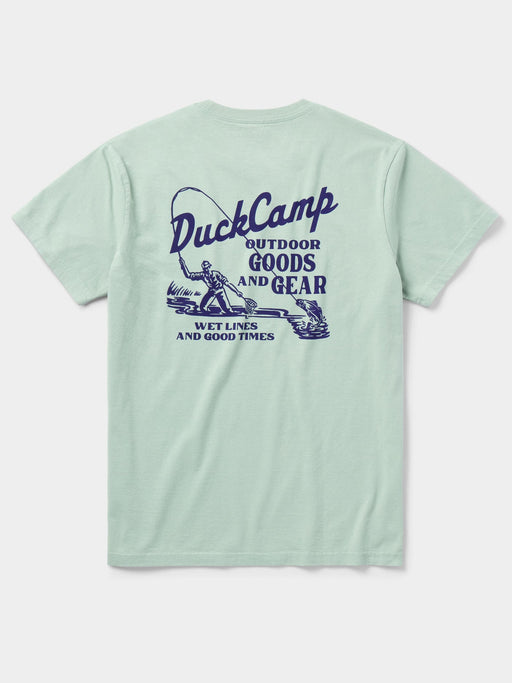 Back graphic detail of the Duck Camp Goods and Gear Tee showing the retro fly fishing design with a leaping sportfish.