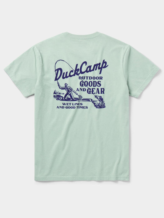 Back graphic detail of the Duck Camp Goods and Gear Tee showing the retro fly fishing design with a leaping sportfish.