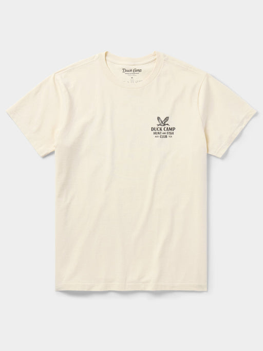 Front view of the Duck Camp Hunt and Fish Club Tee in Ivory, showing the small circular pocket logo on a premium cotton shirt.