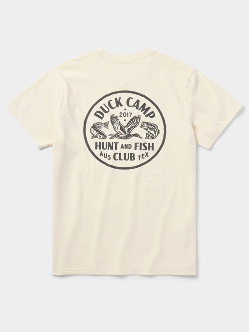 Back graphic detail of the Duck Camp Hunt and Fish Club Tee showing the retro circular Austin, Texas outdoor sporting design.