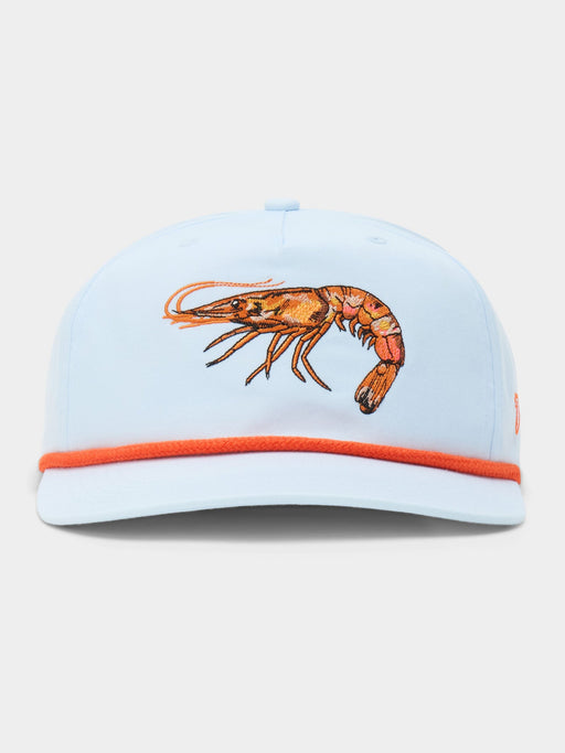 Front view of the Duck Camp Gulf Shrimp Hat in Ice Water pale blue, featuring a large, detailed orange embroidered shrimp on the front panel, an orange cotton rope across the brim, and a classic 5-panel structured design.