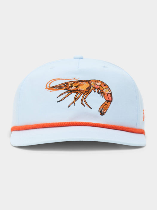 Front view of the Duck Camp Gulf Shrimp Hat in Ice Water pale blue, featuring a large, detailed orange embroidered shrimp on the front panel, an orange cotton rope across the brim, and a classic 5-panel structured design.