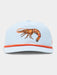 Front view of the Duck Camp Gulf Shrimp Hat in Ice Water pale blue, featuring a large, detailed orange embroidered shrimp on the front panel, an orange cotton rope across the brim, and a classic 5-panel structured design.