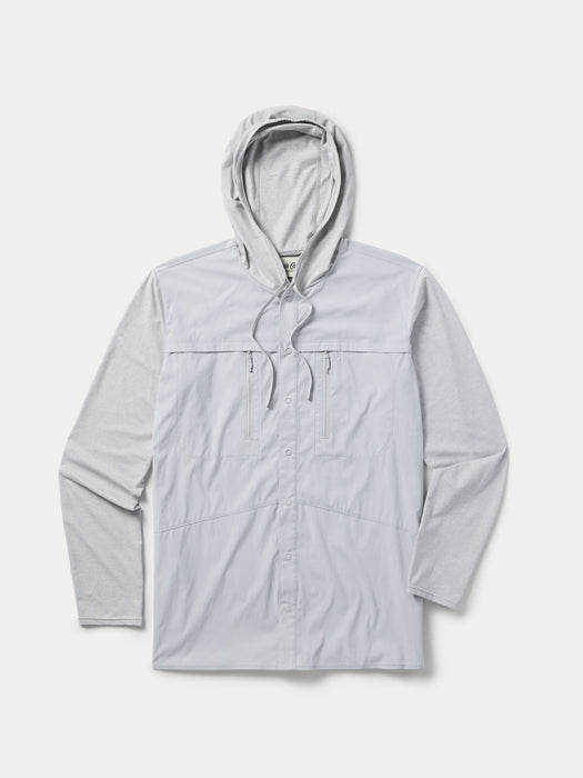 Flat view of the grey Duck Camp Hybrid Guide Hoodie showcasing the rugged cooling nylon body fabric.