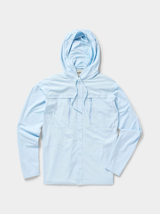 Light blue Duck Camp Hybrid Guide Hoodie with the high-coverage sun hood and ventilation panels visible.