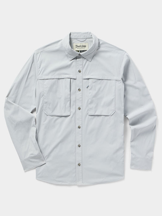 Front view of the Duck Camp Lightweight Fishing Shirt Long Sleeve in Highrise grey highlighting the clean minimal aesthetic.
