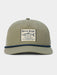 An olive green snapback cap with a blue rope detail along the brim and a central vintage-style patch reading 'Duck Camp' with a fish illustration, shown on a light gray background.