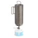 Grayl 24oz GeoPress Ti Purifier outer titanium cup placed directly over a burning backpacking camp stove to boil water in the field