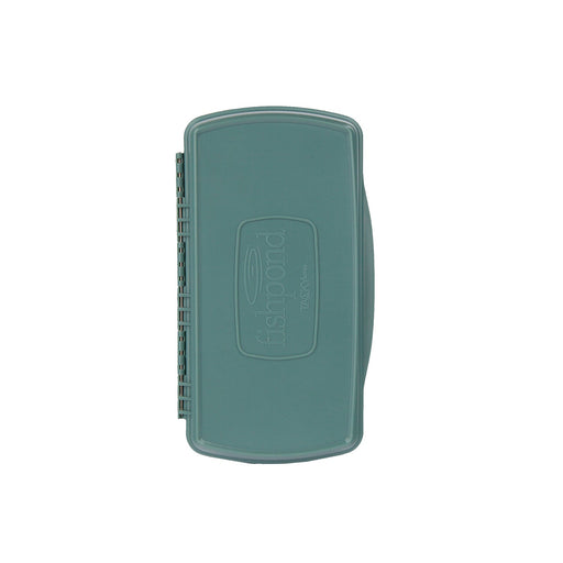 Closed view of the eco-friendly Fishpond Pascador Large Fly Box in sage green showing the molded logo.