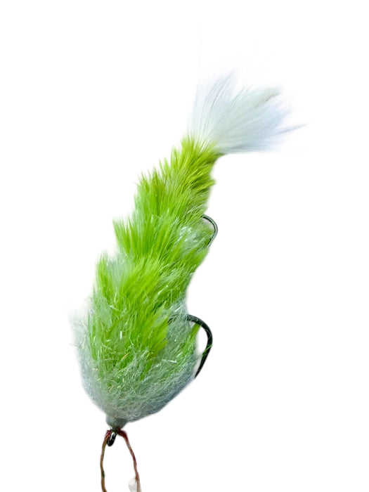Chocklett's Feather Changer 4 inch articulated streamer in Chartreuse and White, displaying high-contrast neon chartreuse green back shading down to a clean white belly profile.