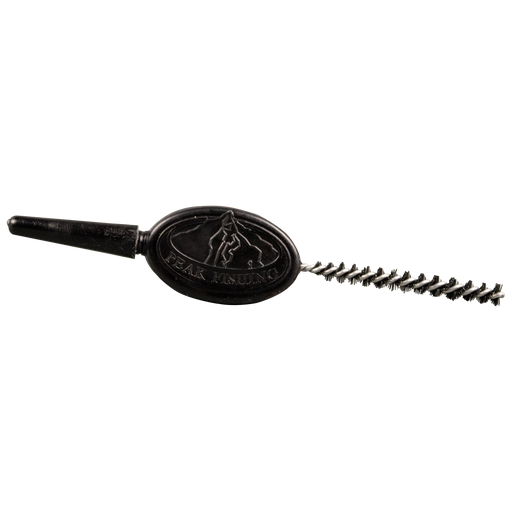 PEAK Ritt Pick-N-Brush PNB-M 3-in-1 fly tying tool showing the black ergonomic grip, bodkin needle, and nylon dubbing brush