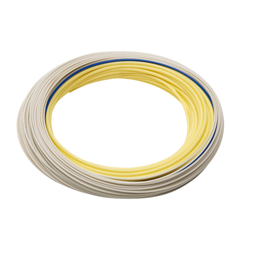 Coiled RIO Elite Integrated Trout Spey floating fly line showing tricolor line design