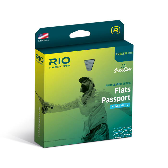 RIO Products Ambassador Series Flats Passport fly fishing line packaging in Oliver White, featuring a yellow-to-green gradient box with a fly fisherman graphic and a dark teal top section.