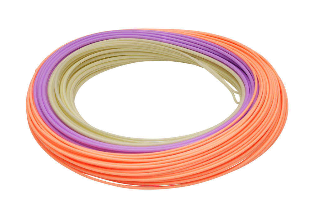 A coiled spool of fly line in three colors: orange, purple, and pale yellow, arranged in a neat spiral on a solid white background.