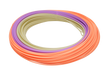 A coiled spool of fly line in three colors: orange, purple, and pale yellow, arranged in a neat spiral on a solid white background.