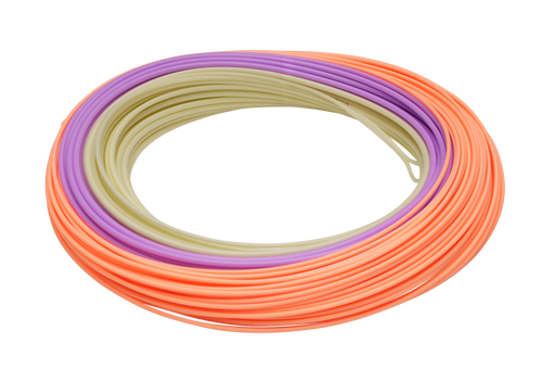 A coiled spool of fly line in three colors: orange, purple, and pale yellow, arranged in a neat spiral on a solid white background.