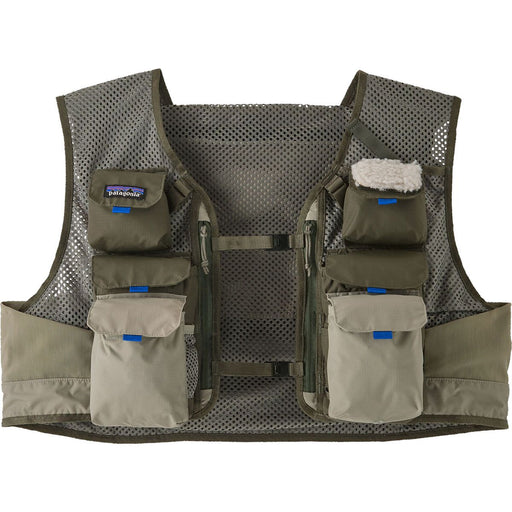 Front view of the River Rock Green Patagonia Stealth Pack Vest showcasing organized front storage pockets and an integrated fleece fly patch