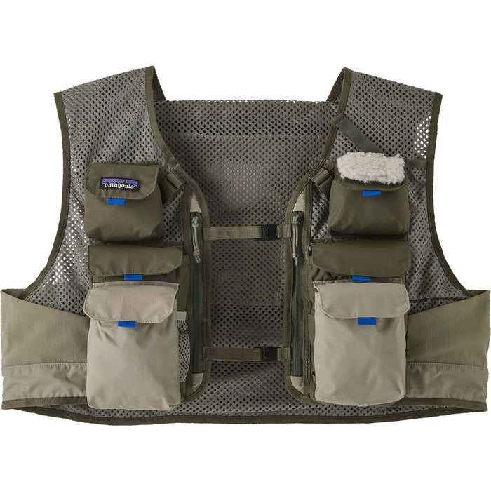 Front view of the River Rock Green Patagonia Stealth Pack Vest showcasing organized front storage pockets and an integrated fleece fly patch