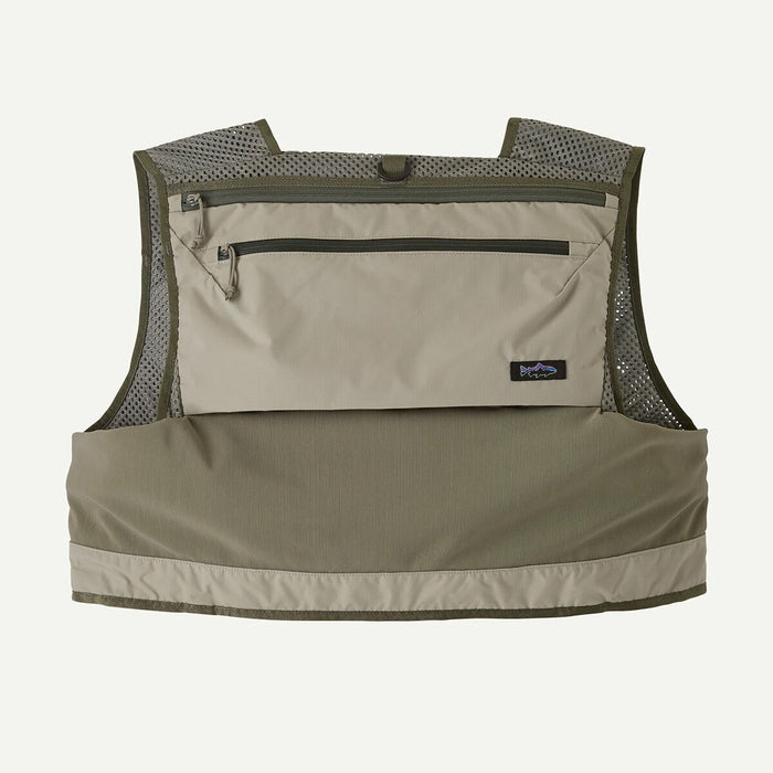 Back view of the River Rock Green Patagonia Stealth Pack Vest highlighting the large dual-entry zippered rear compartment for gear storage