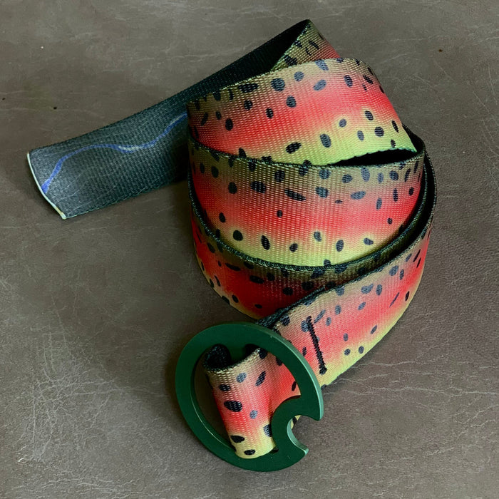 Pink and green Rainbow Trout skin pattern DRIFT Reversible Webbing Belt for fly fishing and wet wading.