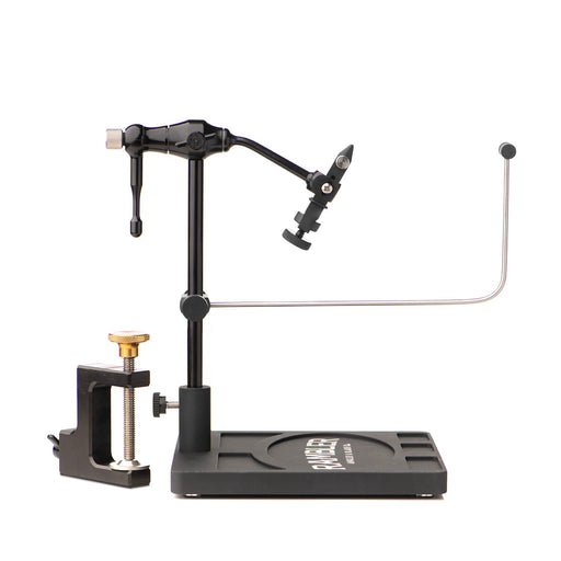 The Rambler Co. Nomad Fly Tying Vise in a sleek Onyx Black anodized finish, displayed flat showing the full zero-point rotary arm structure, hardened tool steel jaws, and premium knurled tension adjustment knobs.