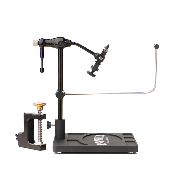 The Rambler Co. Nomad Fly Tying Vise in a sleek Onyx Black anodized finish, displayed flat showing the full zero-point rotary arm structure, hardened tool steel jaws, and premium knurled tension adjustment knobs.
