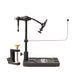 The Rambler Co. Nomad Fly Tying Vise in a sleek Onyx Black anodized finish, displayed flat showing the full zero-point rotary arm structure, hardened tool steel jaws, and premium knurled tension adjustment knobs.