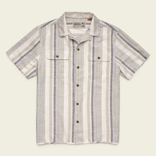Flat lay view of the Howler Brothers Shores Club Shirt in Old Bill Stripe Limestone highlighting the dual patch chest pockets and vertical stripes