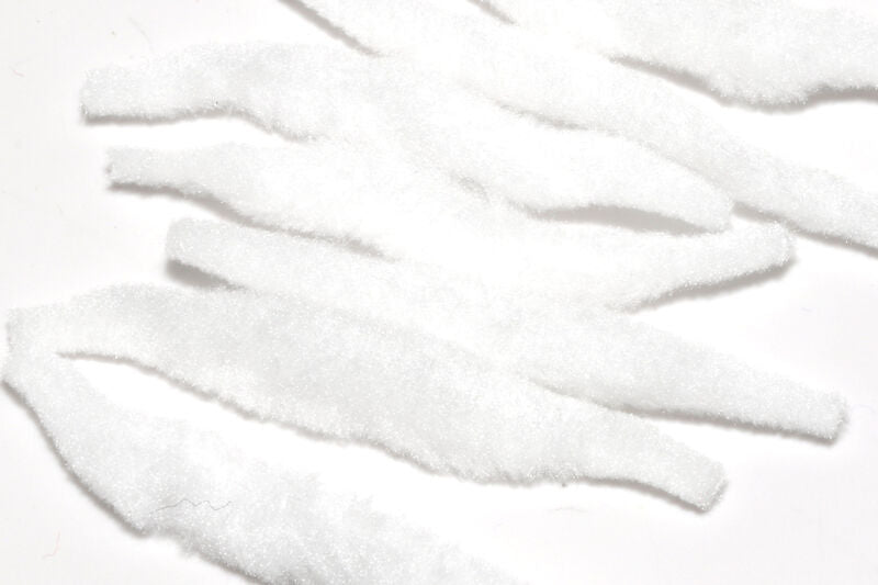 A package of Spawn Polliwog Tails in White #377, showing a neat bundle of tapered, plush white synthetic tails designed for high-action streamers and baitfish flies.
