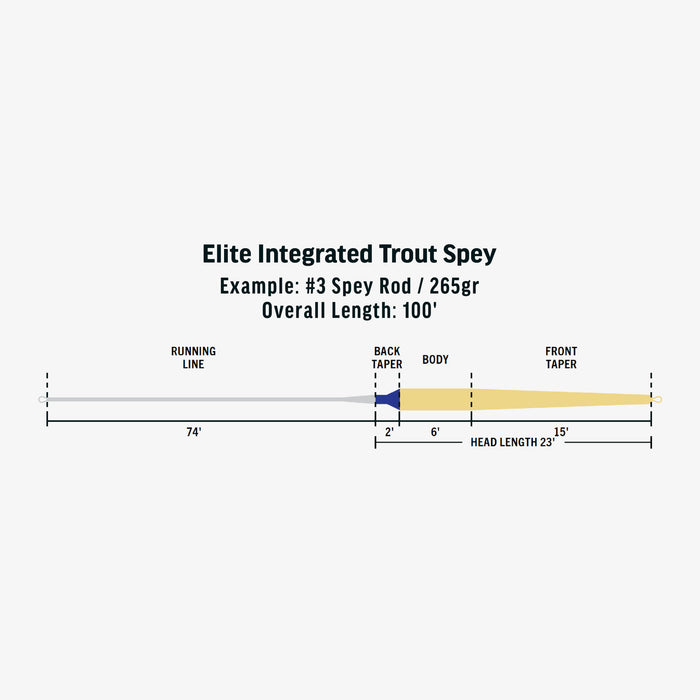 RIO Elite Integrated Trout Spey fly line taper diagram showing 23ft head length and integrated running line