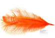 A premium Montana Fly Company Ostrich Plume dyed in a rich, bright Hot Orange, highlighting the dense layout of long, thin barbs ideal for tying steelhead intruder flies.