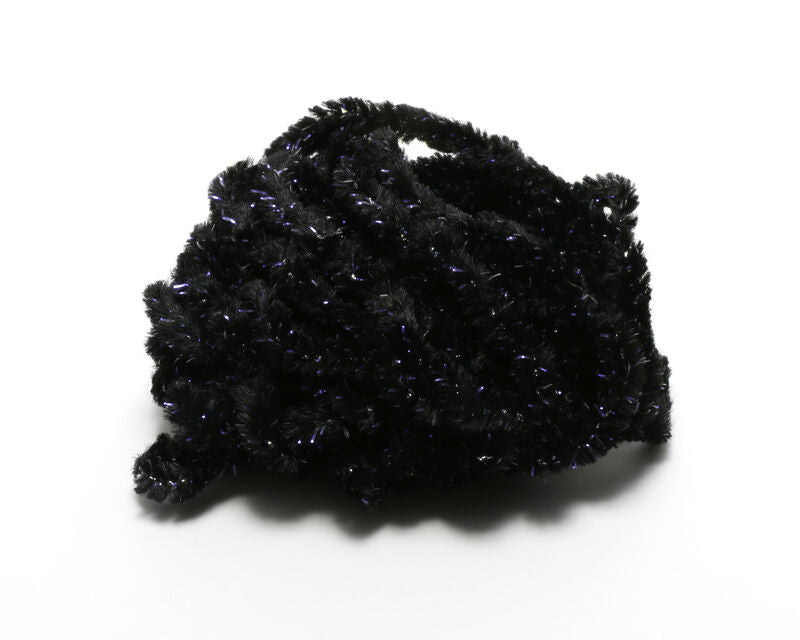 A coiled package of Hareline Woolly Bugger Tinsel Core UV Rayon Chenille in Black #11, showcasing the rich black UV rayon fibers designed for dark leech and streamer profiles.