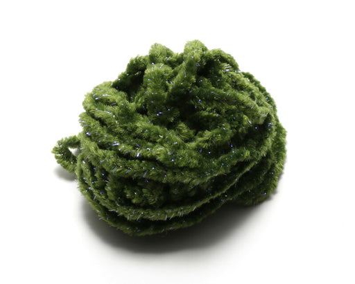 A coiled package of Hareline Woolly Bugger Tinsel Core UV Rayon Chenille in Olive #263, displaying the dense olive-green fibers wrapped on a reflective tinsel core.