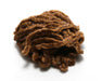 A coiled package of Hareline Woolly Bugger Tinsel Core UV Rayon Chenille in Brown #40, highlighting the fuzzy brown rayon fibers blended with subtle, embedded tinsel flash.
