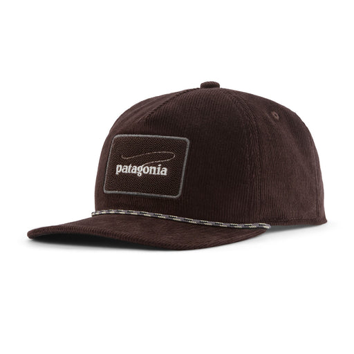A dark brown corduroy baseball cap with a rectangular Patagonia logo patch on the front and a decorative stitched line across the brim, shown on a plain white background.
