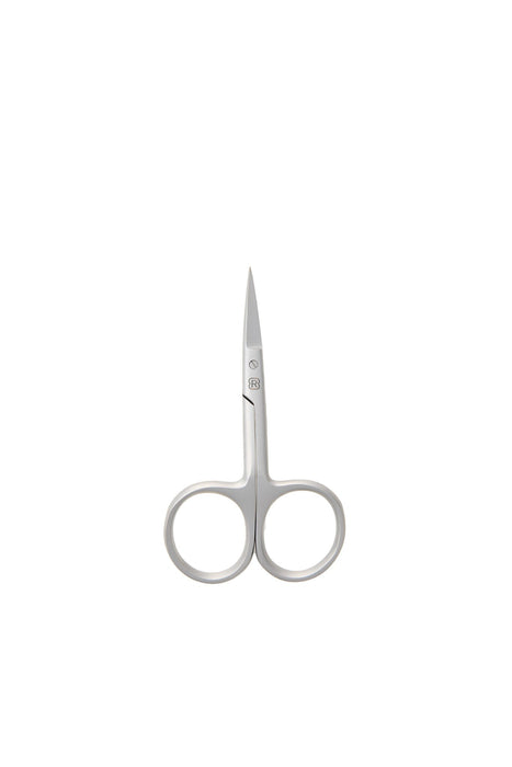 A professional studio shot of the stainless steel Rambler Easy Grip Fly Tying Scissors standing vertically, displaying the classic circular finger loops, offset bent-handle design, and fine-tipped precision cutting blades.