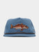 Front view of the Duck Camp Redfish Hat in Coastal Blue, featuring a detailed copper and white embroidered redfish patch on the front panel, a dark brown cotton rope accent across the brim, and an adjustable 5-panel structured frame.