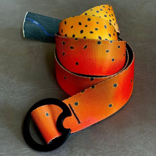 Westslope Cutthroat trout pattern DRIFT Reversible Wading Belt with a black anodized aluminum tension buckle.