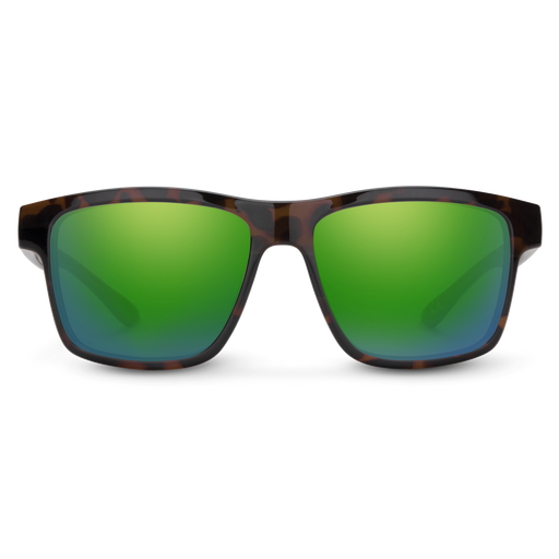 Suncloud A-Team polarized sunglasses in matte tortoise frame with green mirror lenses.