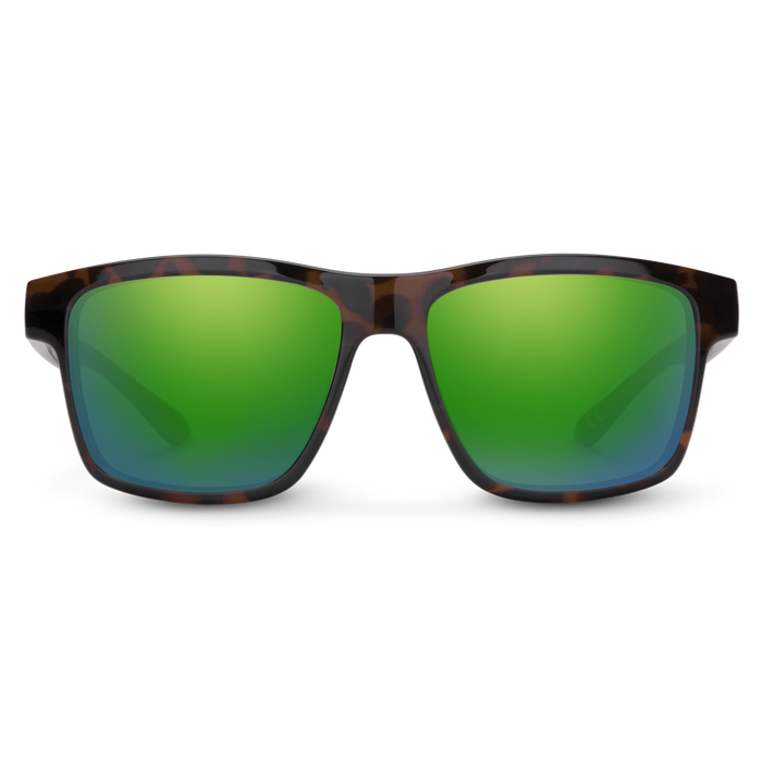 Suncloud A-Team polarized sunglasses in matte tortoise frame with green mirror lenses.
