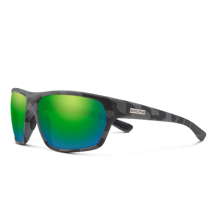 Suncloud Boone polarized sunglasses in matte stonefish frame with green mirror lenses.
