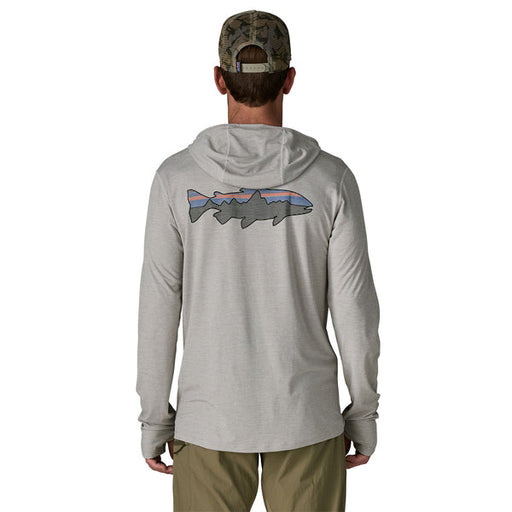 Back view of the Patagonia Men's Capilene Cool Sun Hoody in Crisp Grey, displaying the large, iconic Patagonia Fitz Roy Trout graphic across the shoulders and the generous hood.
