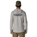 Back view of the Patagonia Men's Capilene Cool Sun Hoody in Crisp Grey, displaying the large, iconic Patagonia Fitz Roy Trout graphic across the shoulders and the generous hood.