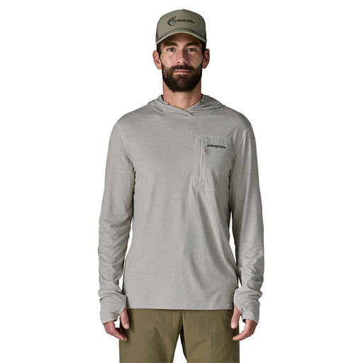 Front view of the Patagonia Men's Capilene Cool Sun Hoody in Crisp Grey, showcasing the light heathered grey technical fabric, athletic fit, and thumb holes at the cuffs.