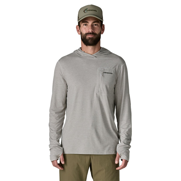 Front view of the Patagonia Men's Capilene Cool Sun Hoody in Crisp Grey, showcasing the light heathered grey technical fabric, athletic fit, and thumb holes at the cuffs.