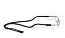 The Croakies Micro Suiter eyewear retainer in solid black attached to a pair of wire-frame glasses, highlighting the slim cotton-Lycra blend profile and the adjustable slider bead.