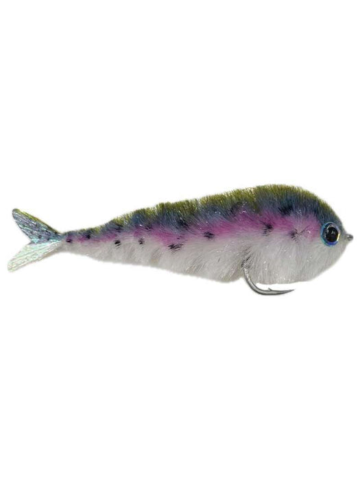 Rainbow Trout Chocklett's Finesse Changer articulated fly showing the multi-toned pink and green speckled baitfish imitation pattern