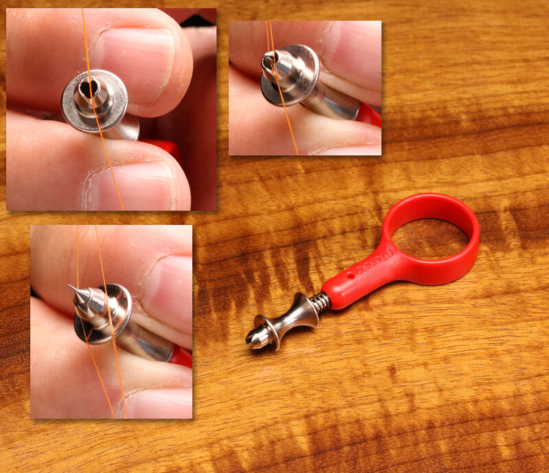 The Stonfo Thread Splitter tool featuring a bright red circular finger loop handle and a polished silver micro-needle tip, displayed alongside three step-by-step macro images demonstrating how to split orange fly tying thread.